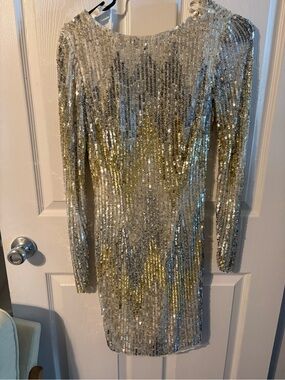 Cassandra Stone Long-Sleeve Sequin Cocktail Dress in Silver and Gold